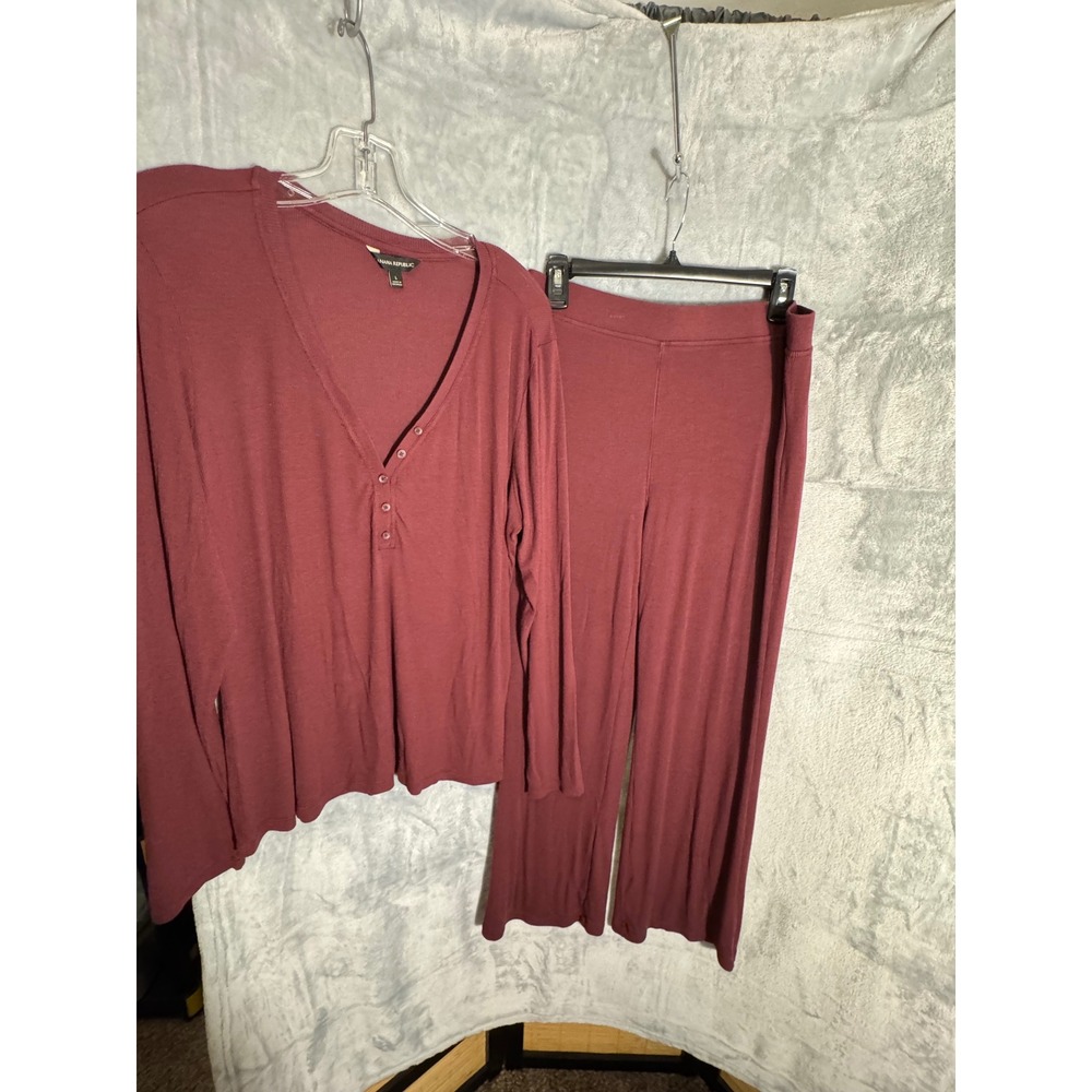 Banana Republic Burgundy Ribbed Henley Top & Wide Leg Pants Lounge Set Large